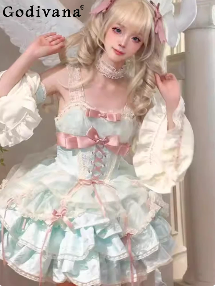 

Sweet Green Pink Gentle Cute Lolita Princess Dress Fashion Versatile High Waist A-line Subculture Girl JSK Suspender Dresses