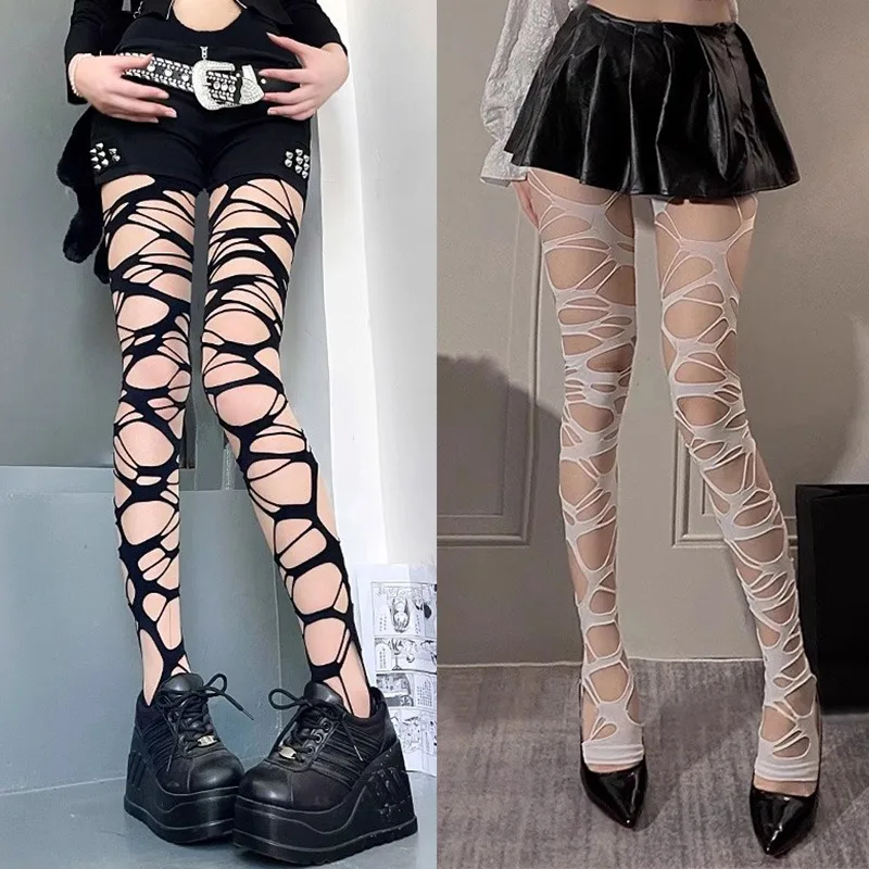 2024 Japanese Punk Hollow Fishnet Stockings Girls White Lolita Tights Ragged Pantyhose Party Socks Gothic Black Women Stockings