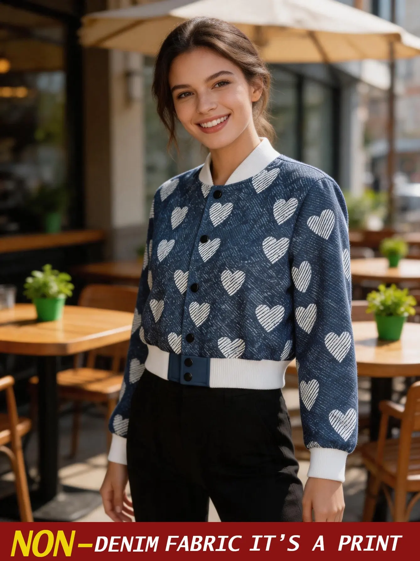 2026 New Women's Faux Denim Printed Button Short Baseball Jacket Coat Dark Navy Base White Hearts Print Trendy Loose Casual Top,