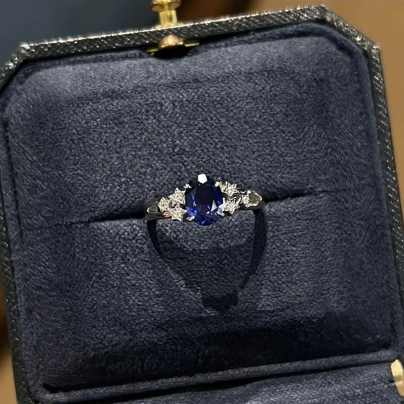 New 100% S925 Silver Simulation Diamond 6 * 8mm Blue Steel Ring Ring Fashion Simple and Versatile Wedding Jewelry