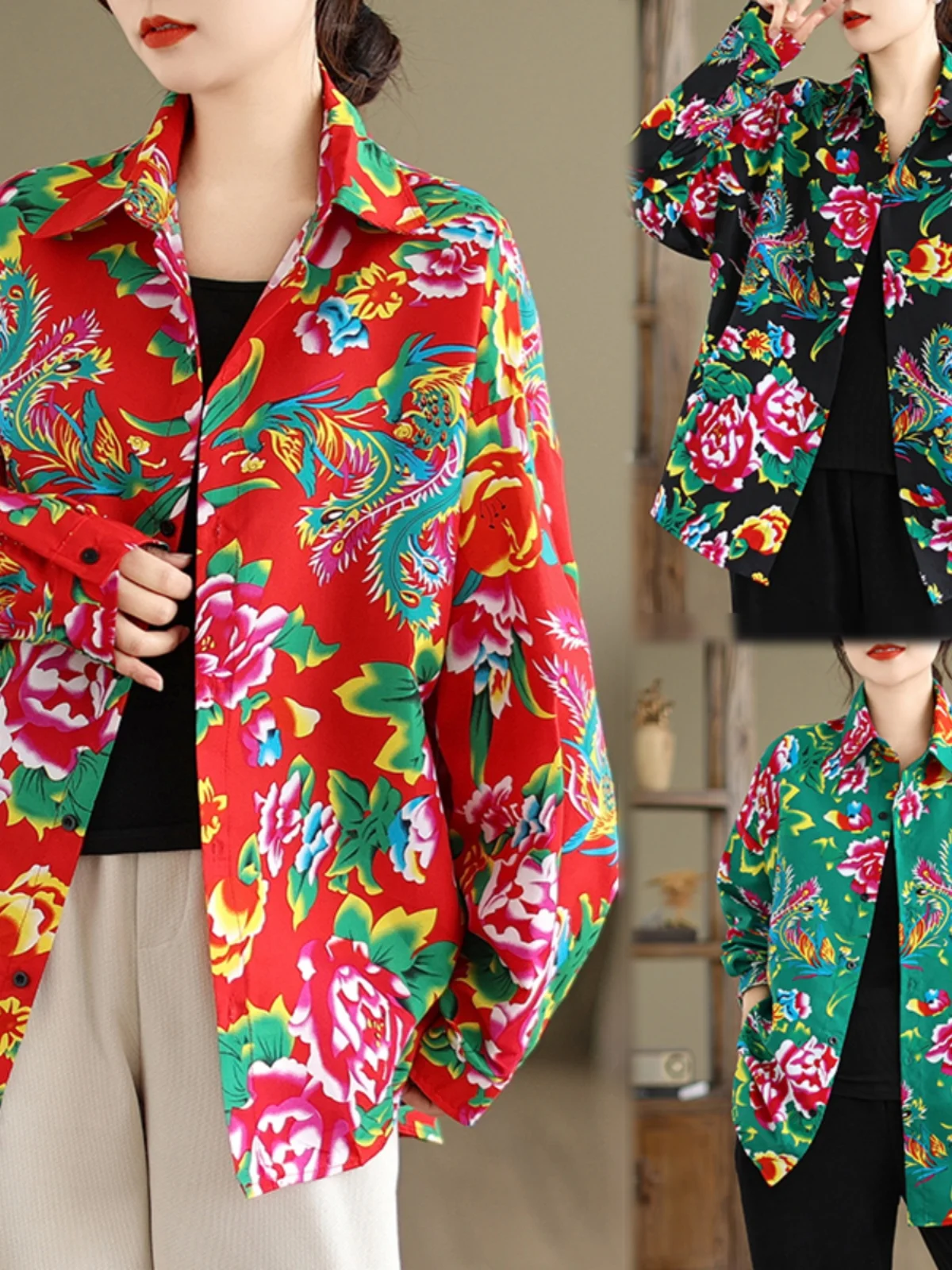 Northeast Large Flower Square Collar Long Sve Casual Print irt Women's Outerwear Top Trendy New Sle Cotton Spring Summer