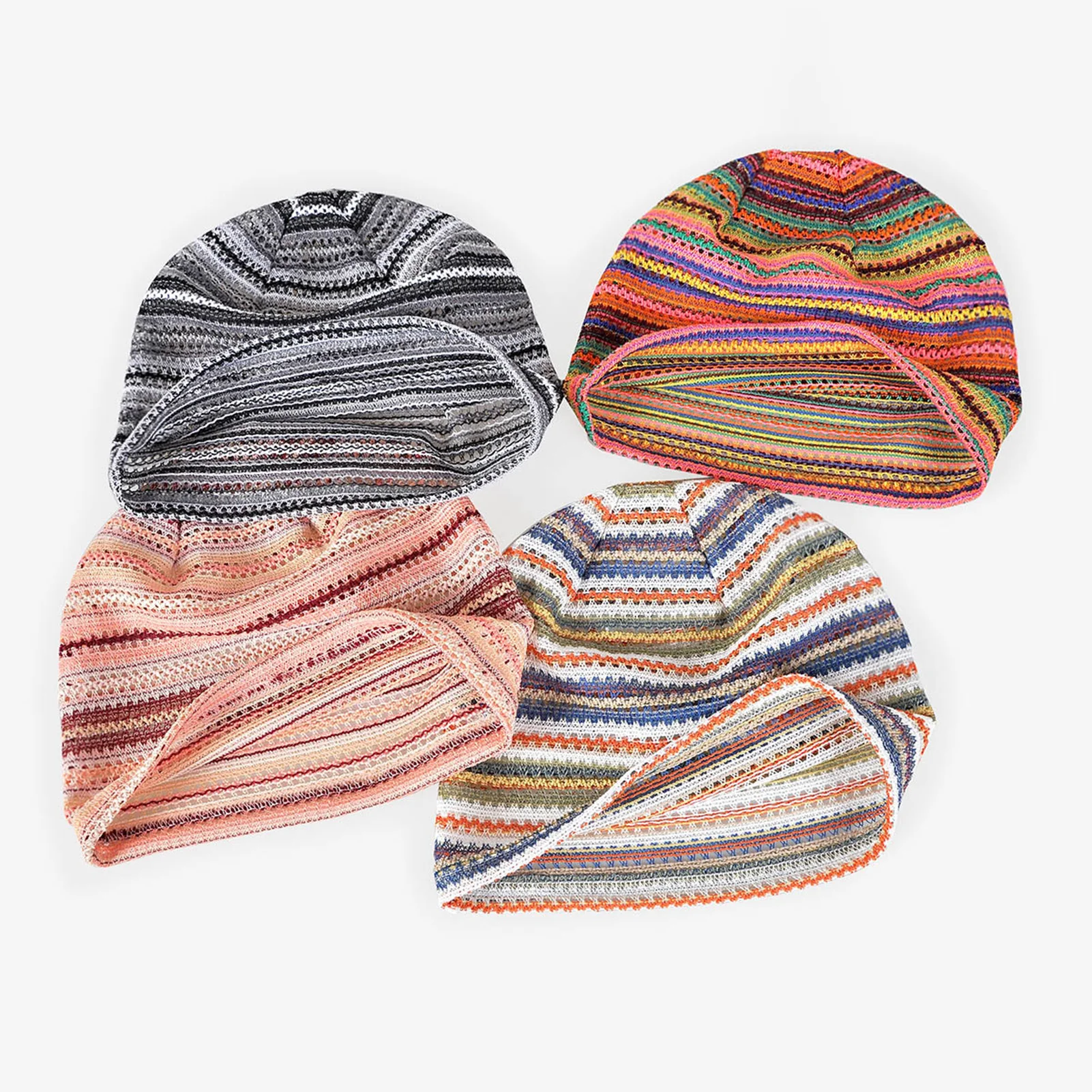 Trendy Boho Style Breathable Knitted Beanie Striped Openwork Summer Hat Soft Comfort Stylish For Outdoor Women And Girls