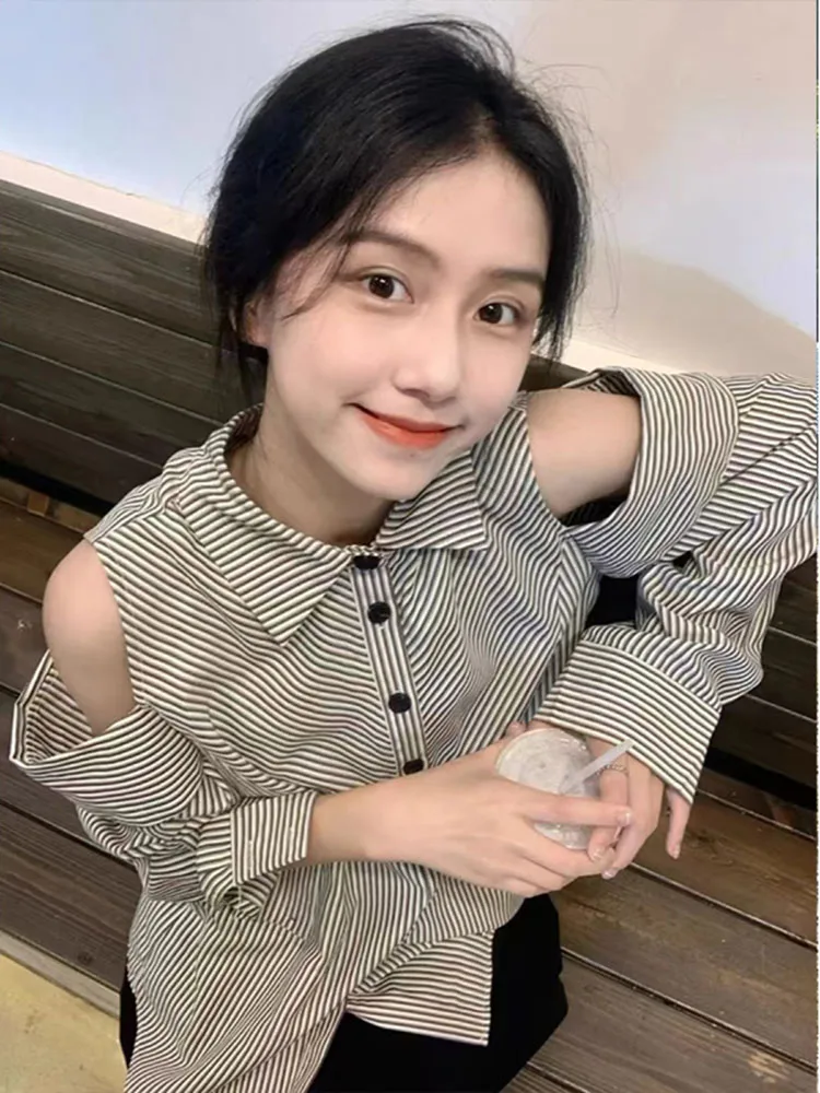 

Korean Style Fashion Thin Sunscreen Shirt Women Stripes Shirts Hollow Out Spring Autumn Sweet Off Shoulder Reto Top