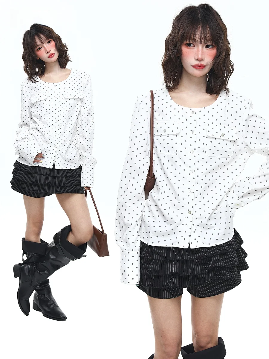 

Женская блузка Sanowers с корейским принтом в горошек, длинными рукавами, круглым вырезом и эффектом утяжки на талии, весенне-осенний модный топ