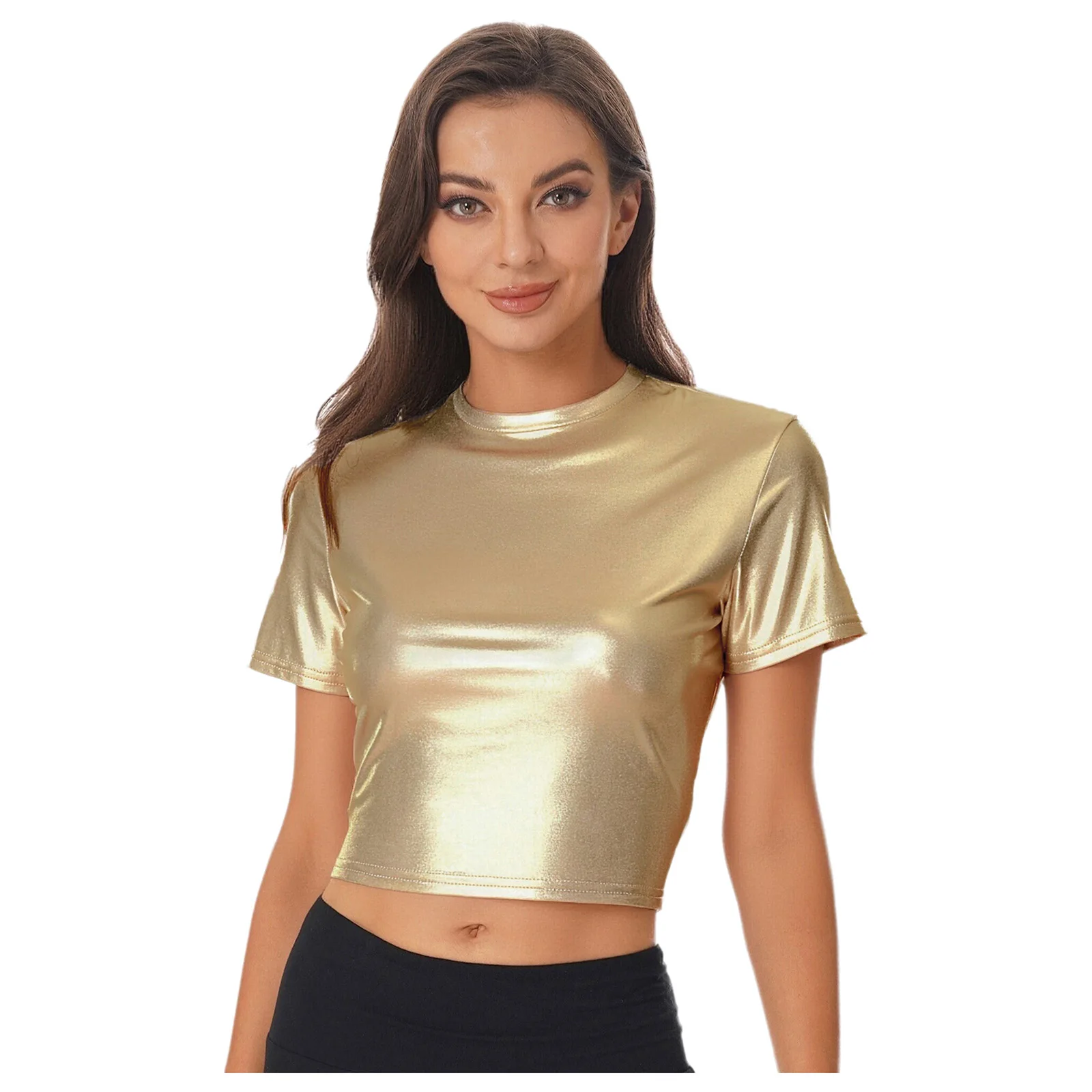 Damska metaliczna, błyszcząca bluzka crop top z okrągłym dekoltem, krótkim rękawem, dopasowana bluzka, top do tańca jazzowego na imprezy klubowe i rave'y.