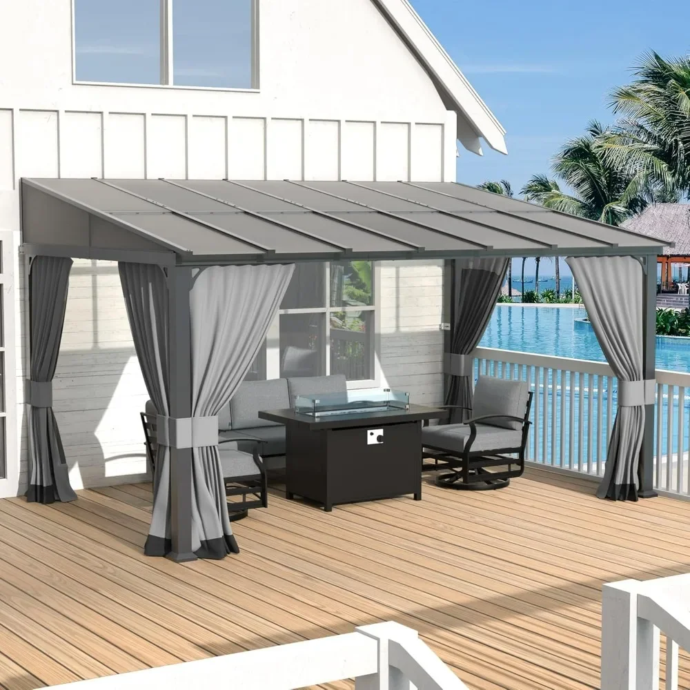 

10’ x 14’ Gazebo, Hardtop Lean to Gazebo Canopy Awnings with Sloped Roof and Sturdy Steel Frame, Wall Mount Gazebo Pergola