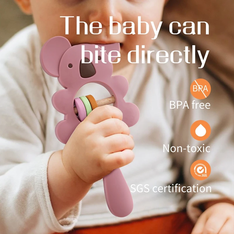 5Pc Siliconen Bijtring Koala Olifant Handbellen Rammelen Bpa Vrije Knaagdieren Tandjes Ketting Food Grade Baby Kauwbaar Babyspeelgoed