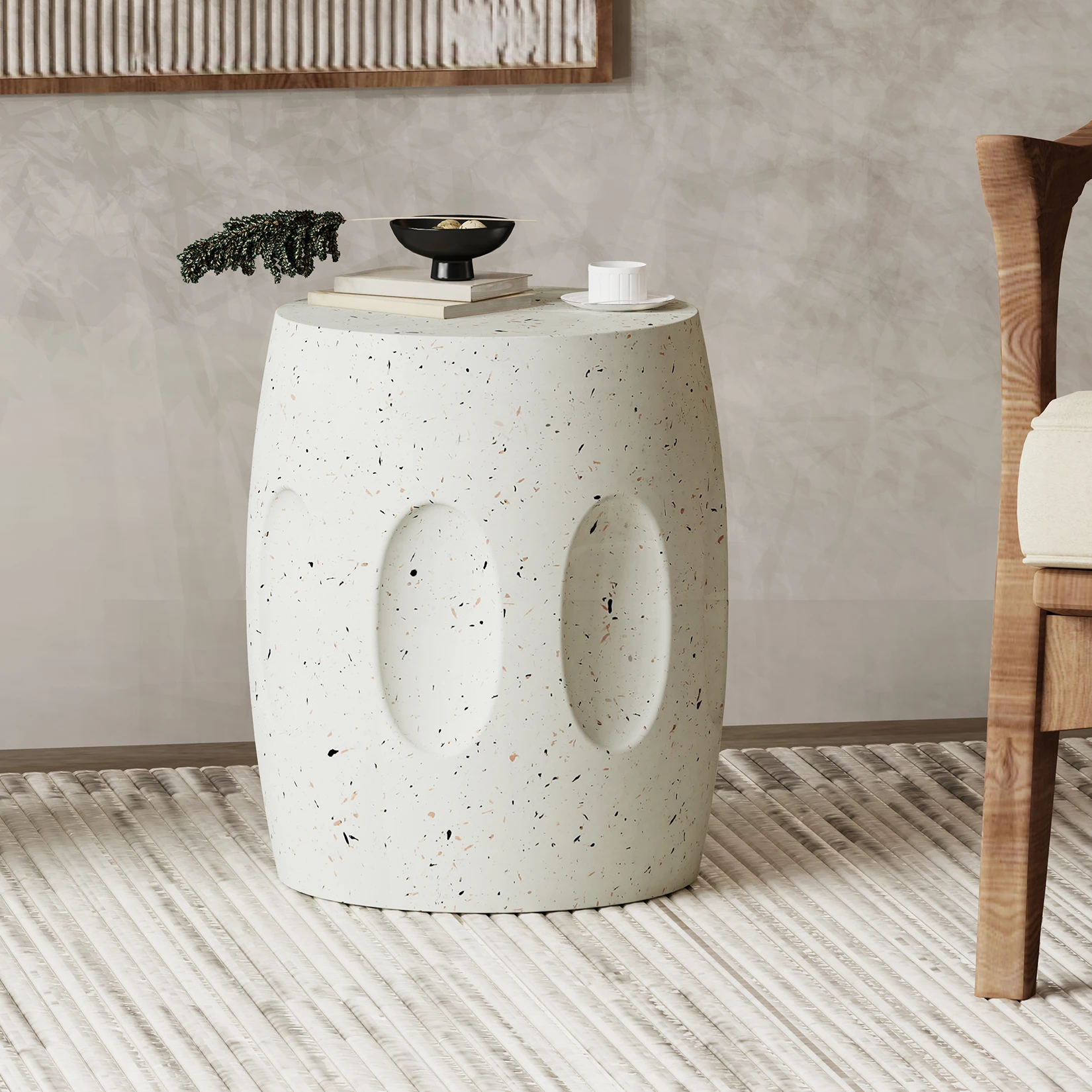 

Unique Lightweight Concrete Side Table Decorative Garden Stool Faux Terrazzo Accent Table Small Coffee End Table