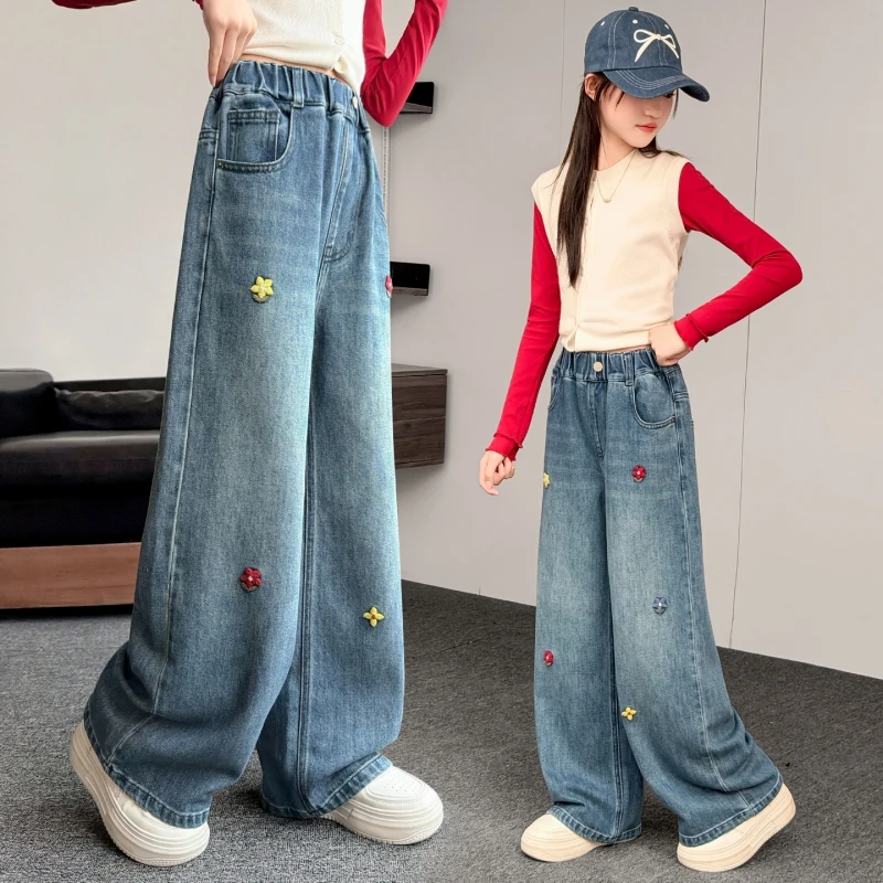 Girls Colorful Flower Embroidery Wide‑Leg Denim Jeans 6‑16Y Teen Girls Elastic Waist Loose Full‑Length Casual School Pants