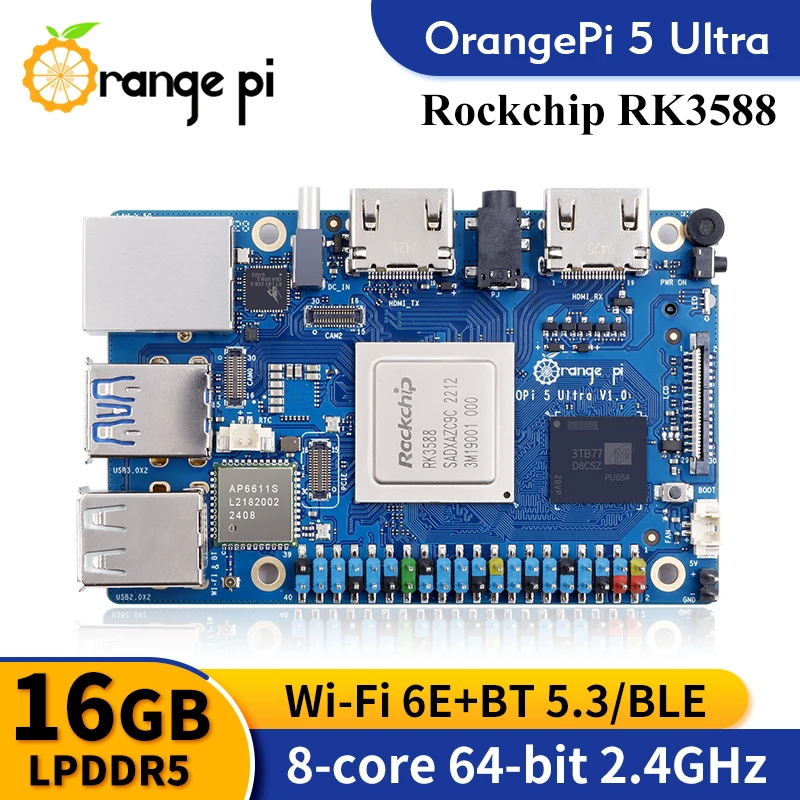 برتقالي Pi 5 لوحة تطوير فائقة ، RK3588 ، Rockchip ، WiFi ، 6E ، BT5.3 ، M.2 HDMI ، في الميناء ، OPi5 Ultra ، 16GB ، lpdddr5 Ram