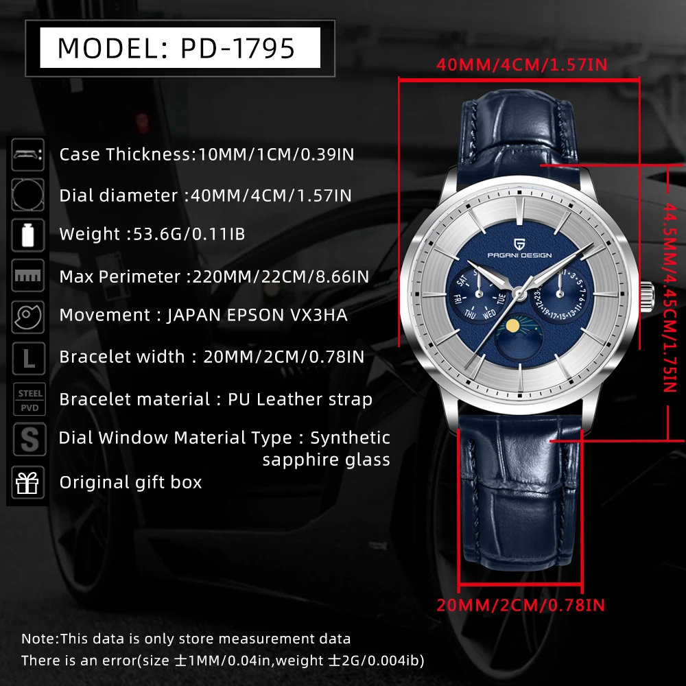 PAGANI DESIGN Men Quartz Watch Japan EPSON VX3HA Movement Moon Phase Wristwatch 40MM Sapphire PU Leather Strap Reloj Hombre view 6