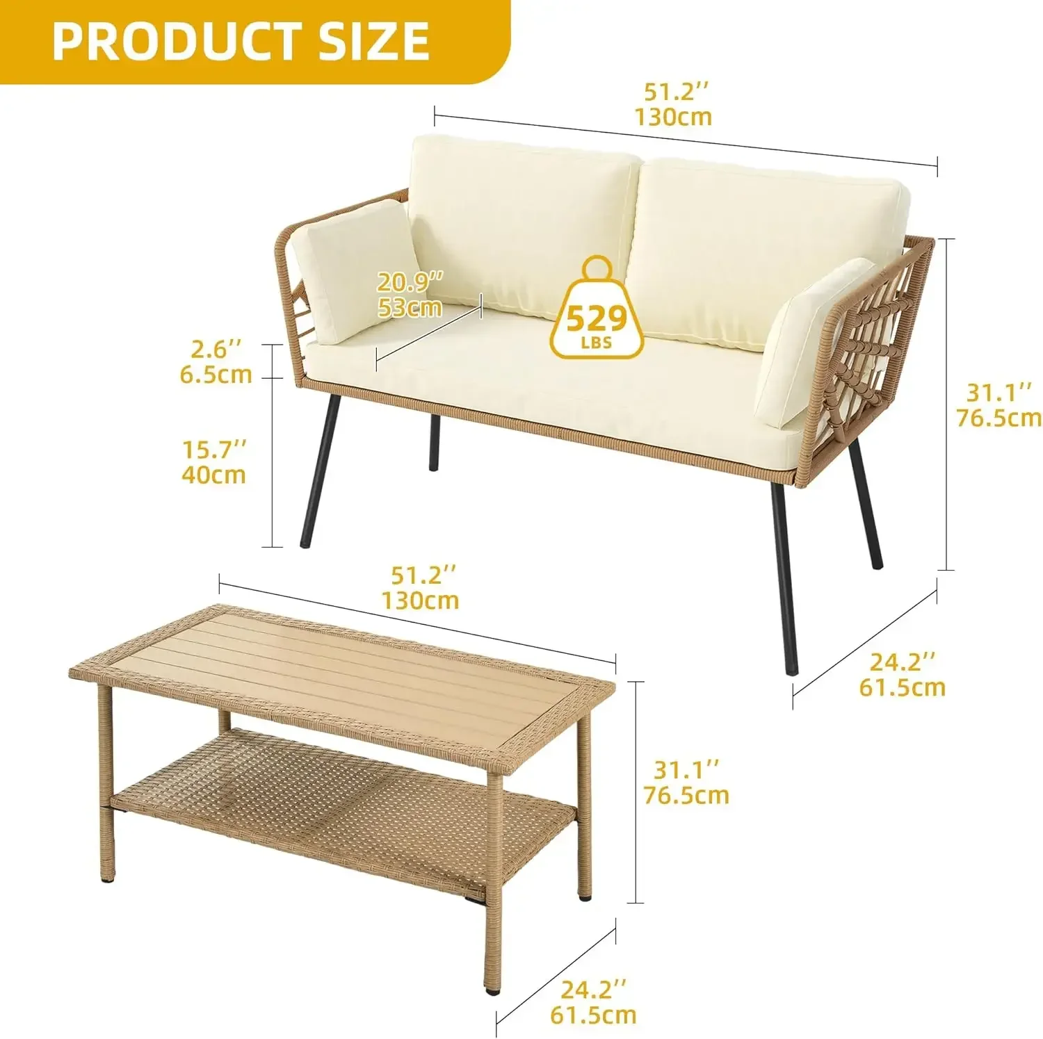 

Комплект садовой мебели из 2 предметов: всепогодный диван из искусственного ротанга с толстыми подушками и столиком, набор для отдыха на открытом воздухе, для зоны у бассейна