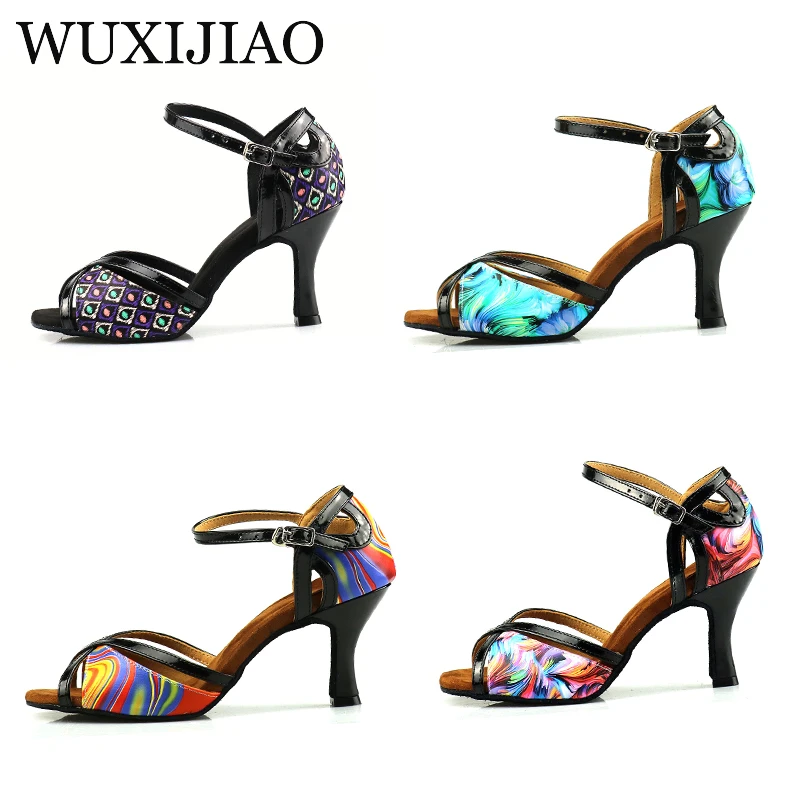 WUXIJIAO Sexy Thin Black Women\'s Shoes Painted PU High Heels Latin Dance Shoes Ballroom Dance Shoes 7.5C