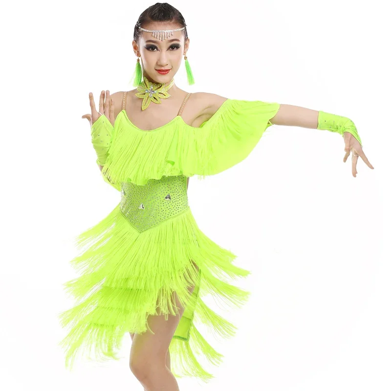 

Children's professional Latin dance dress, girls' ballroom dance competition dress, sequin feather new flow Suladin dance dress