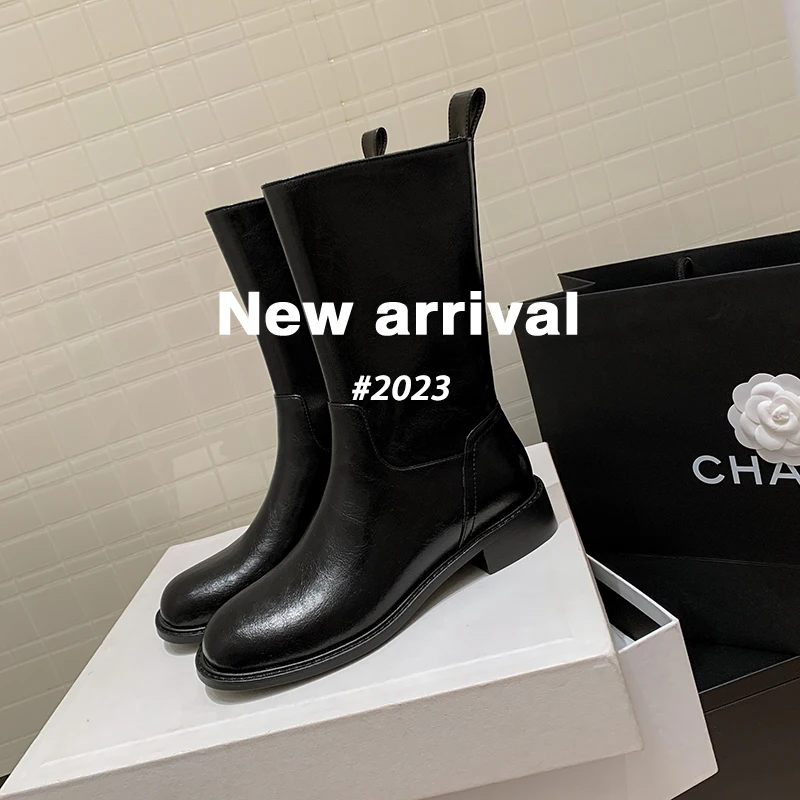 2023 new Autumn winter women mid-calf boots natural leather 22-24.5cm cowhide+sheepskin modern Boots Wide barreled boots