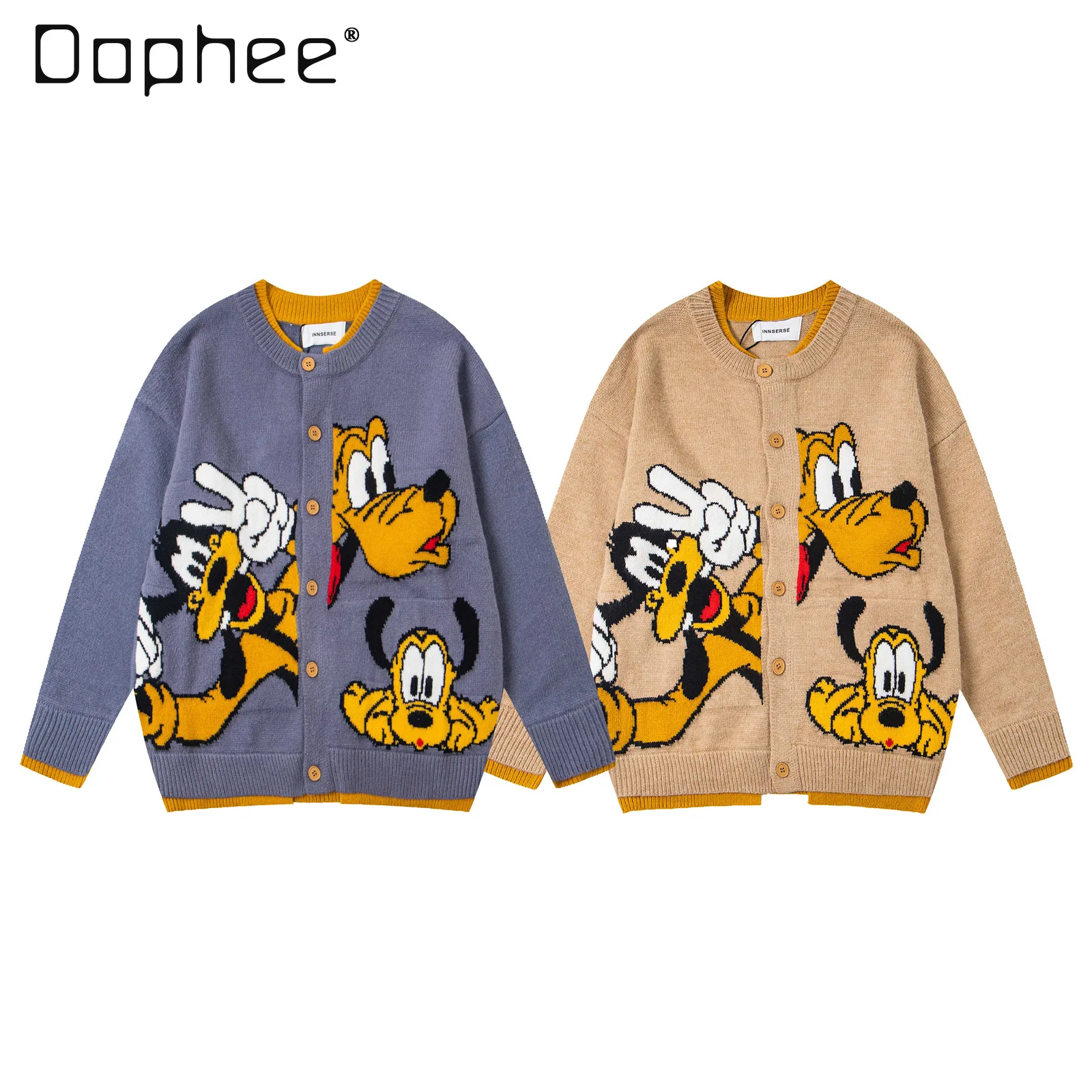 

Fashion Cartoon Cardigan Color Block Knitted Top for Women Loose Fit Autumn Winter American Retro Sweater Jacket Round Neck