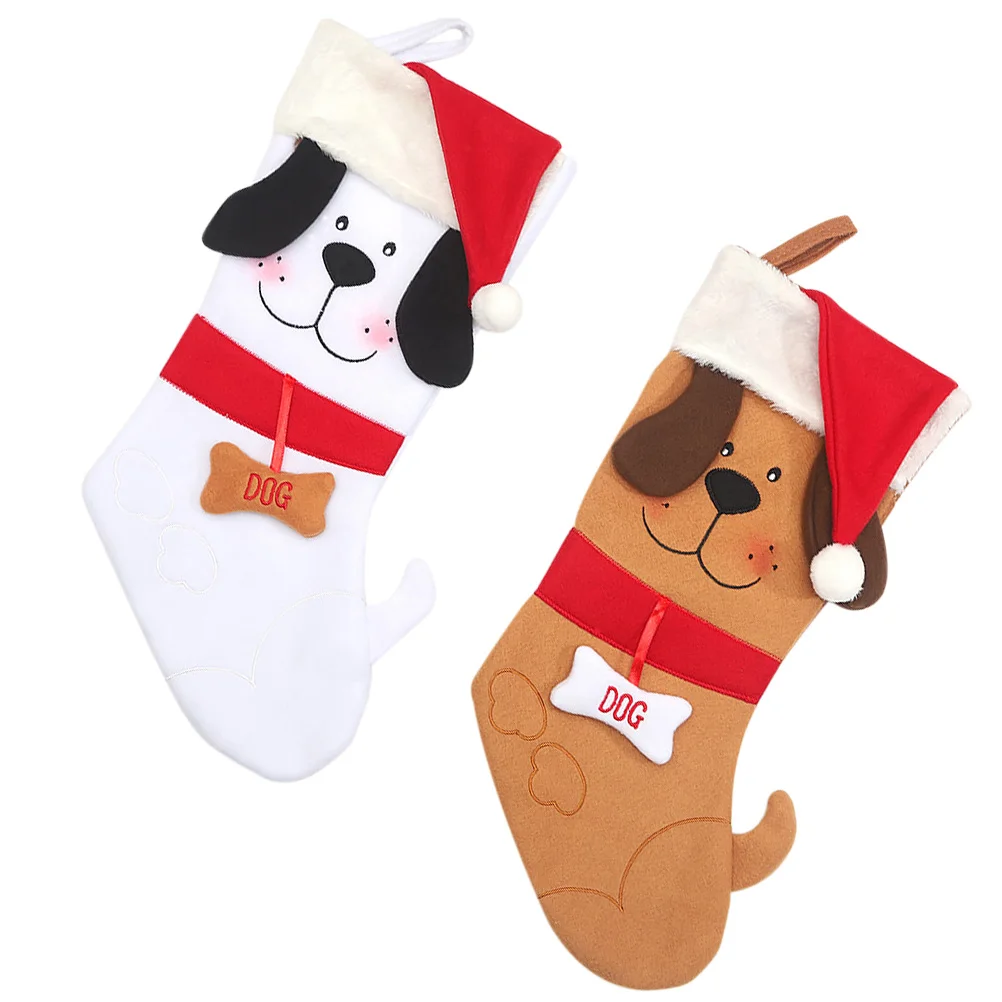 

2pcs Christmas Socks naments Stockings Beige Flannel Dog Embroidered Cartoon Hanging Decoration Xmas Tree nament Festive