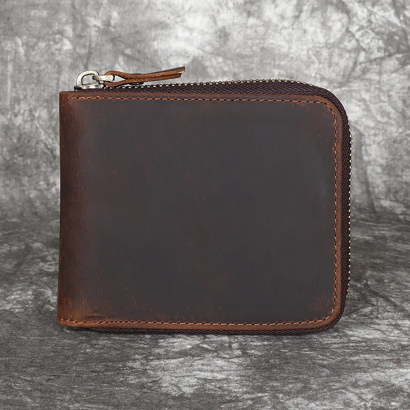 YH3197 Crazy Horse Leather Men's Wallet Horizontal Leather Zipper Wallet Three Fold Retro Cow Leather Bag