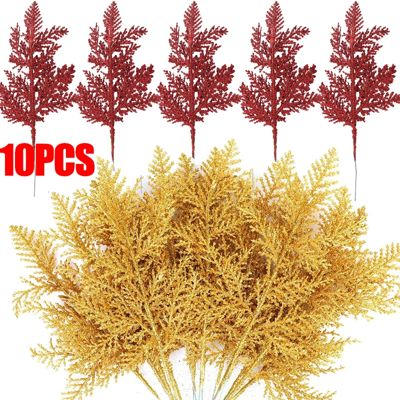 Christmas Artificial Pine Branches Gold Red Glitter Pine Branches for DIY Christmas Tree Wreath Wedding Party New Year Ornament