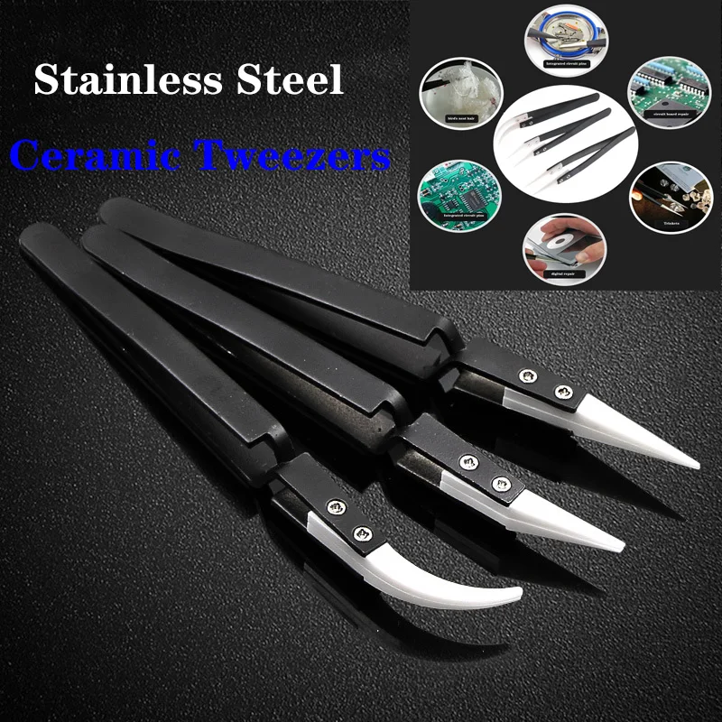 Set of 3 Anti-Static Ceramic Straight Tip Electronic Soldering Tweezers, Heat Resistant Antimagnetic Straight Bend Tweezers