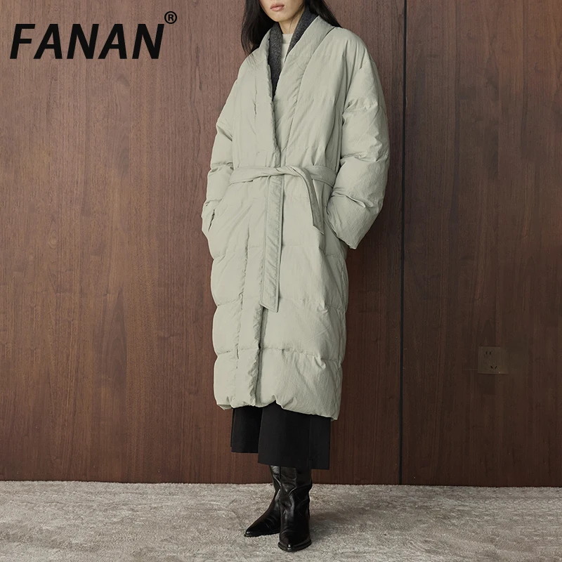 

FANAN Роскошные толстые теплые 80% пуховые пальто для женщин с v-образным вырезом и поясом со сборкой на талии, модная длинная верхняя одежда, женская одежда, новинка 2023 года, зима