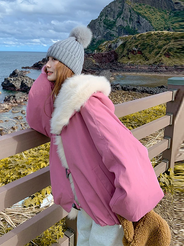 جاكيت نسائي شتوي دافئ وردي اللون بنمط مربعات وغطاء للرأس وأزرار أمامية، ملابس خارجية مضادة للشيخوخة وفضفاضة