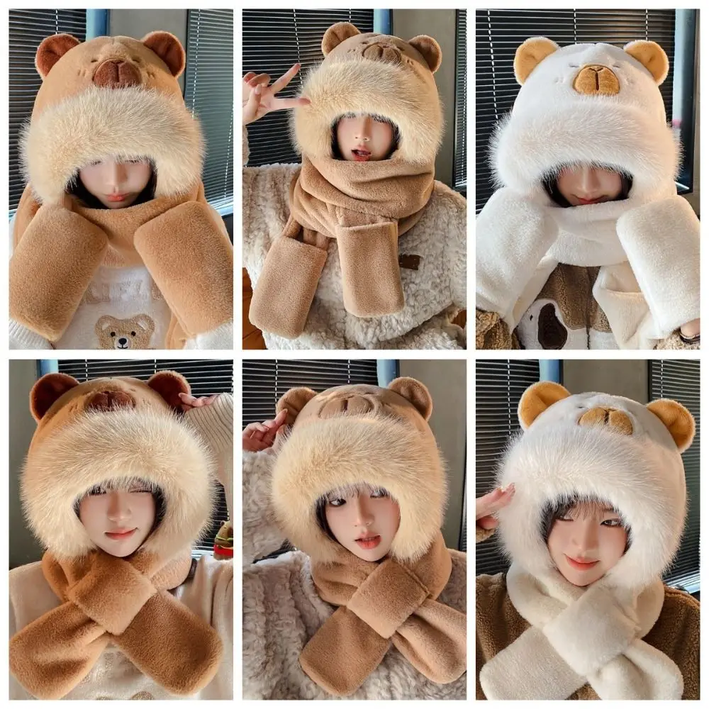 Earmuff 3 in 1 Capybara Hat Scarf Set Panda Warm Furry Scarf Cap Set Cute Soft Scarf Hat Glove for Women Outdoor