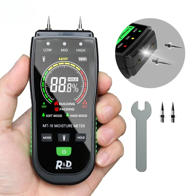 

MT19/MT19C Wood Moisture Meter Wall Water Tester Digital Humidity Meter Two Pins Hygrometer Concrete Cement Brick Detector
