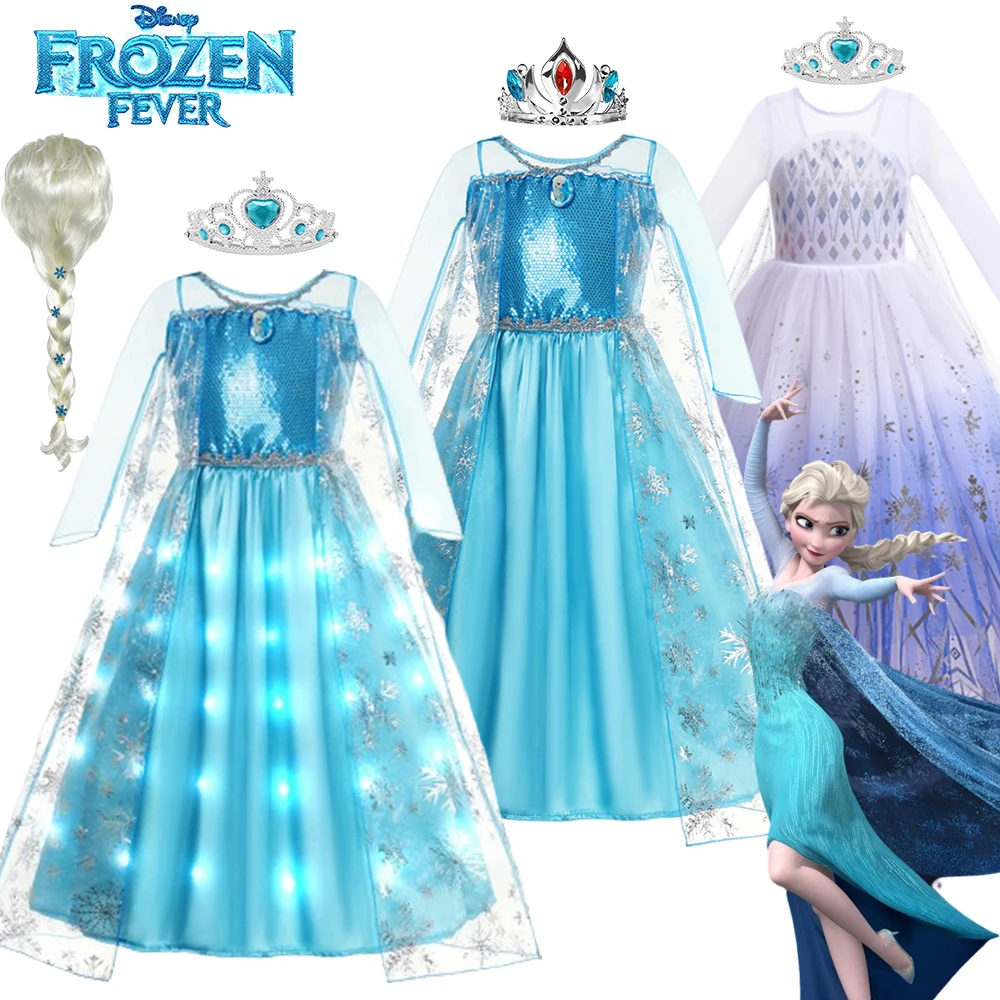 

2024 Elsa Frozen Dress Girl LED Light Dress Up Princess Dress Clothes Child Frozen Long Sleeves Disney 2024 Costumes For Girls