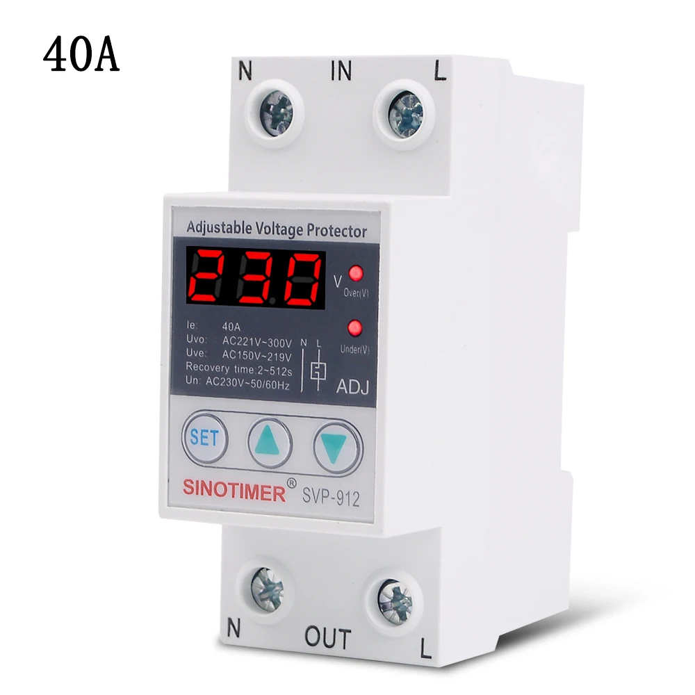 Over and Under Voltage Protective Device Protector SVP-912 40A 63A 80A 220V Adjustable Recovery Reconnect Relay Din Rail Install