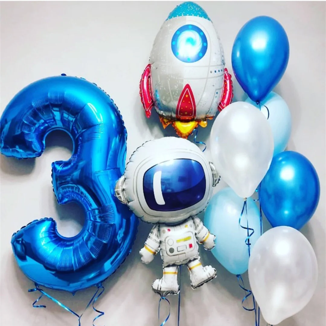 10pcs Astronaut Rocket Balloons Set 30inch Number Foil Globos 1 2 3 4 Years Birthday Decoration Outer Space Theme Party Supplies