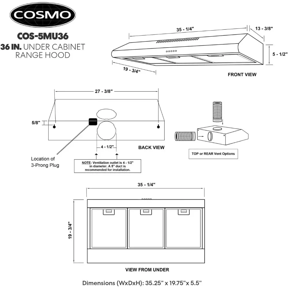 Évent de poêle mince sans conduit pour hotte de cuisine sous armoire, ventilateur d'accès à 3 vitesses, filtre réutilisable, lumières LED en acier inoxydable