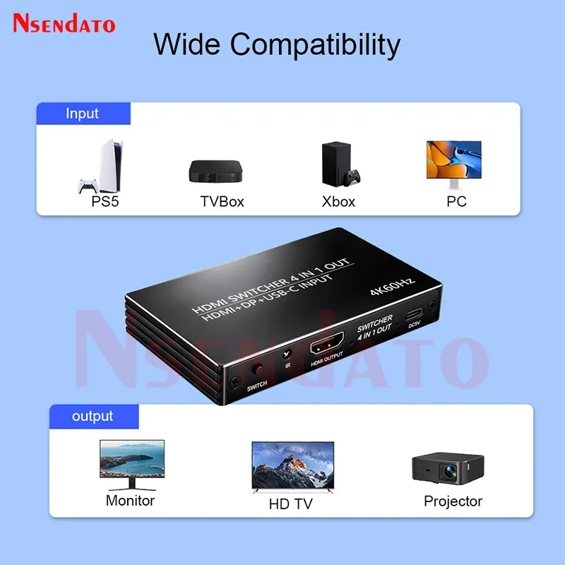 4K 60Hz 4X1 HDMI-compatible DisplayPort USB C Switcher 4 In 1 Out 2*HD+DP+Type-C Input with IR Remote Control for PC TV XBOX PS5