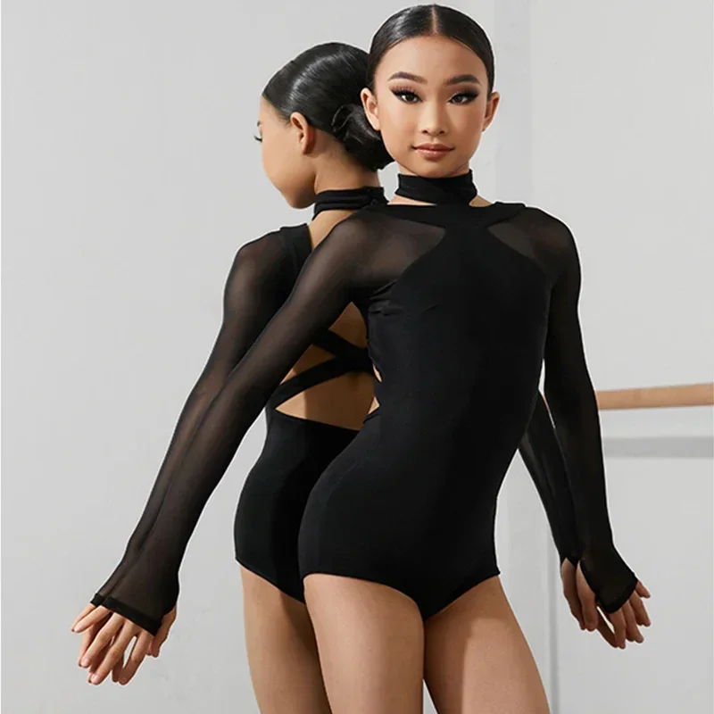 Black Latin Dance Clothing Jumpsuit Girls Long Sleeves Leotard Latin Tops Ballroom Dance Performance Wear Cha Cha Bodysuit Child