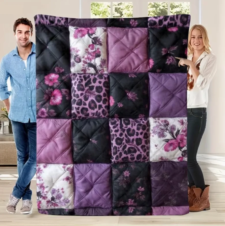 Black Purple Leopard Print Blanket Paired with Pink Paw All Season Universal Bed Cover Versatile for Home and Car Use