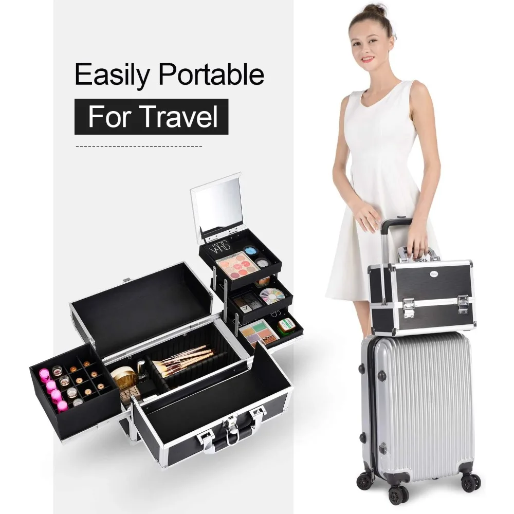 صندوق منظم لحقيبة قطار المكياج من Joligrace، تخزين مستحضرات التجميل الاحترافي متعدد الأغراض مع صواني منزلقة وفتحات تلميع #6
