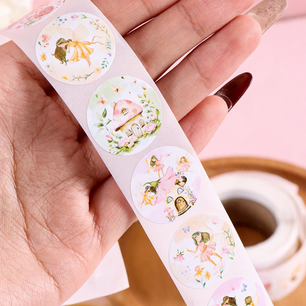 500 Stück Blumenfee Runde Aufkleber Rosa Abziehbilder Niedliche Sticker Feen-Thema Geburtstagsparty Dekoration Runde Aufkleber Frühling – Detail 4