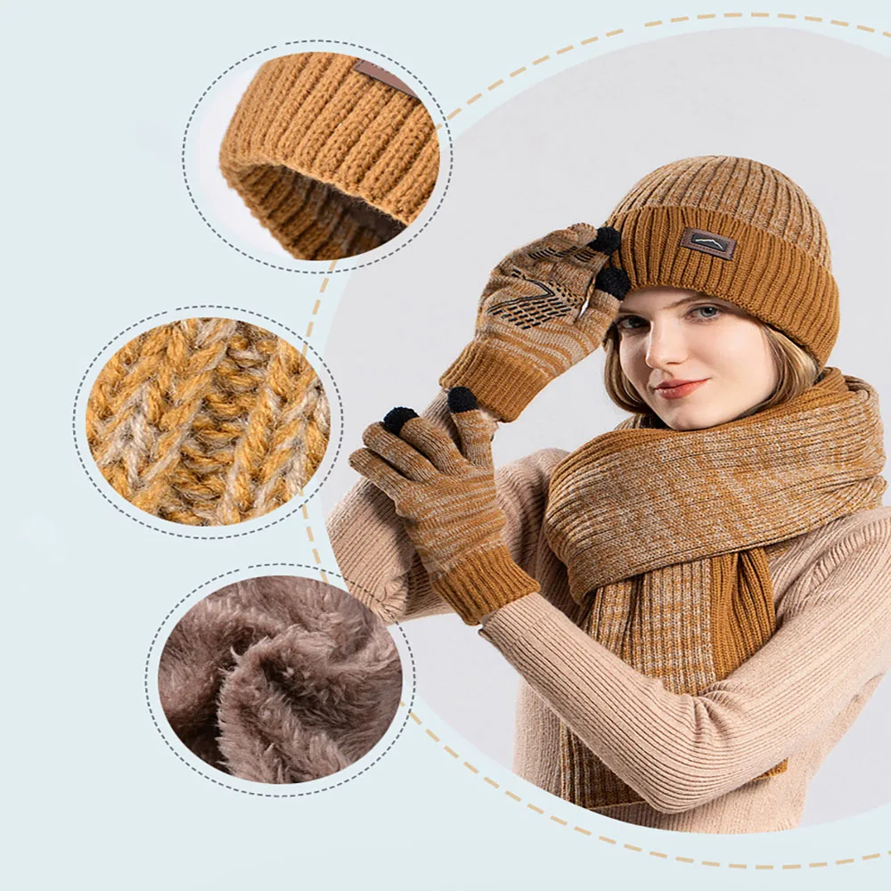 Glove Scarf Three Piece Set Winter Outdoor With Fleece Insulation Ear Protection Knitted Yarn Wool Hat Men Female