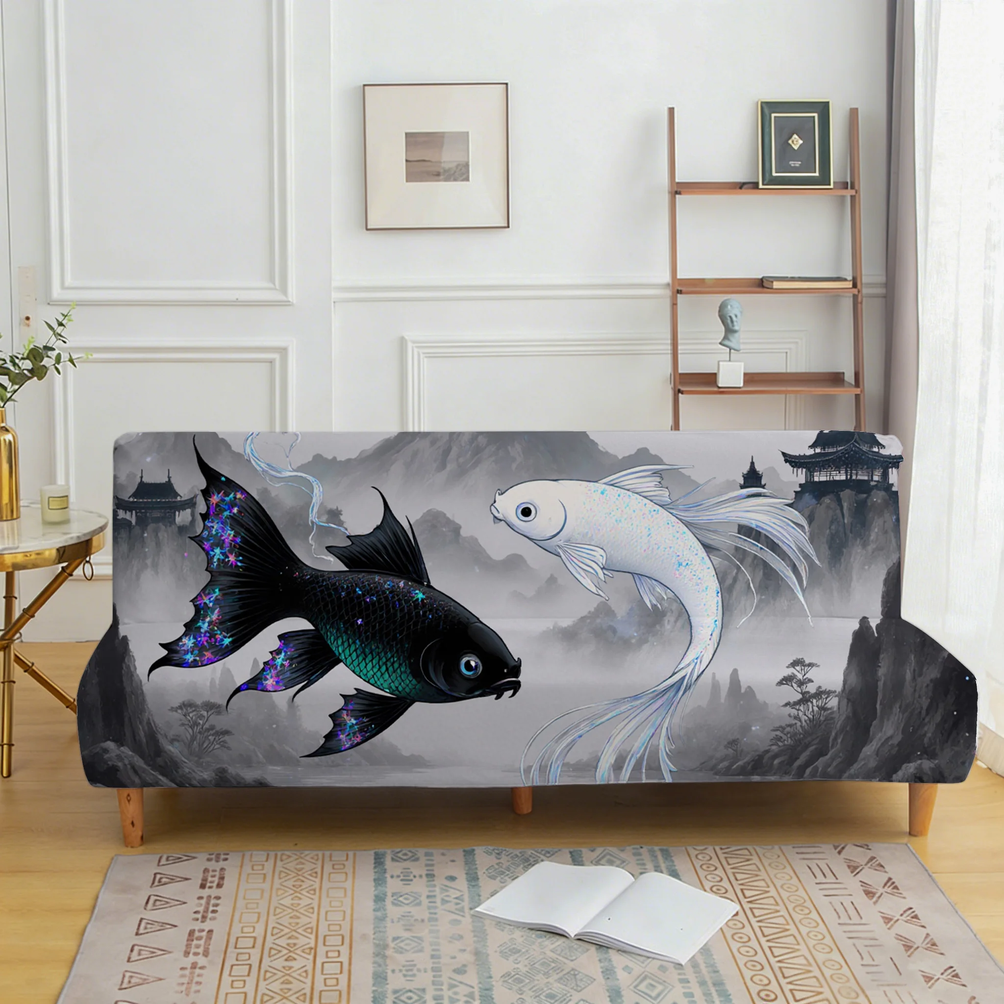 Living room universal stretch sofa bed cover, black and white fish ink painting, dustproof machine washable sofa bed cover