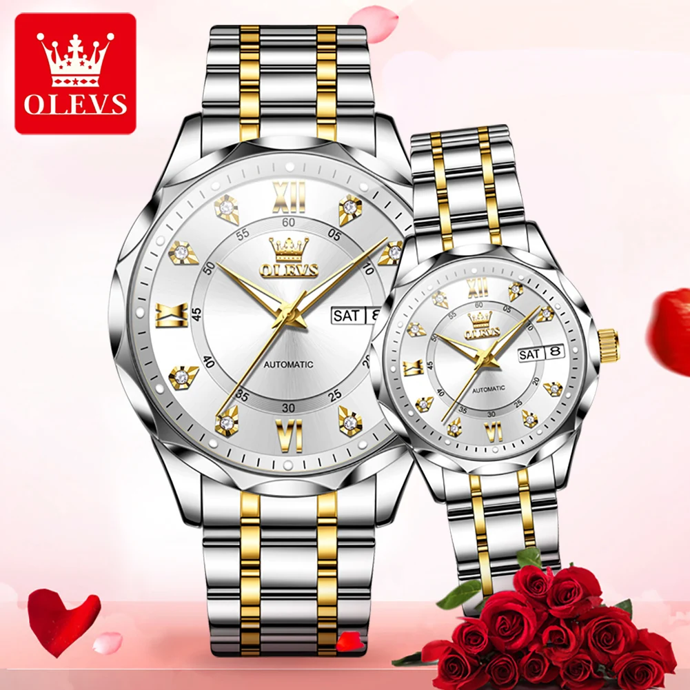 OLEVS Couple Watches 6727cp 2pcs Luxury Fashion Original Automatic Mechanical Watch for Lover Waterproof Luminous Date Week New