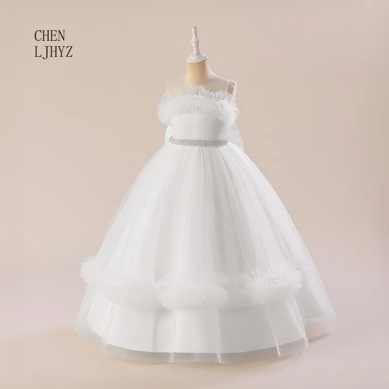 

Girls White Tiered Tulle Flower Girl Dress Elegant Party Gown for Weddings, Pageants, Stage Events