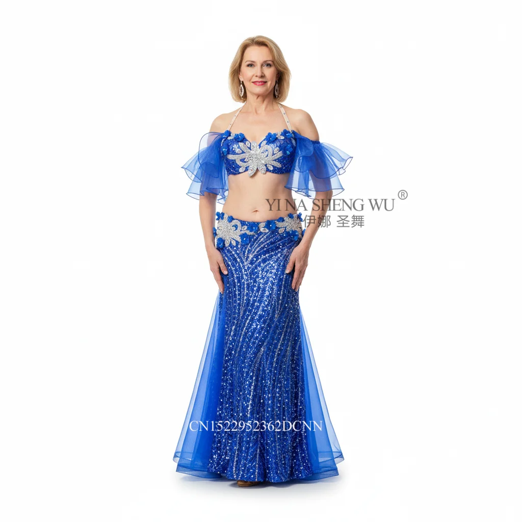 

Женский костюм для танца живота с ярким бриллиантовым бюстгальтером, длинной юбкой со стразами и разрезом, комплект из 2 предметов для восточных танцев