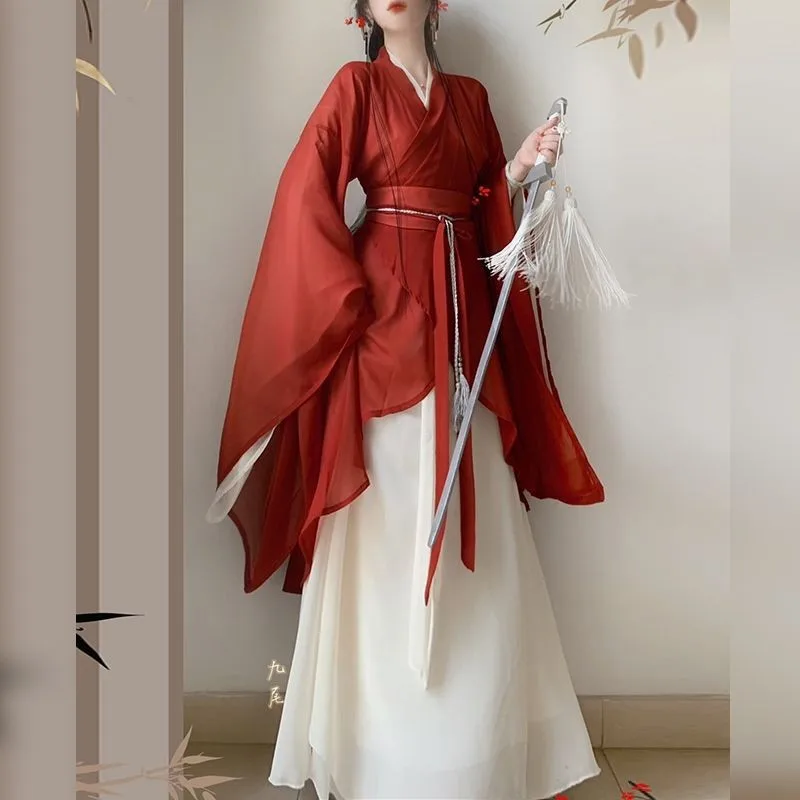 

Wei Jin Style Hanfu Suit Women Daily Han Elements Costume Nirvana Red Chinese Style Dress Big Sleeve Hanfu Ancient Tang Attire