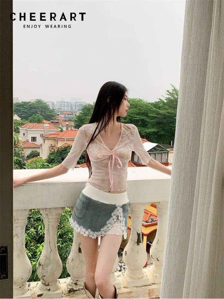 Cheer art Tie Dye Pink Bow Mesh niedlichen Top für Frauen Sommer Halbarm T-Shirt V-Ausschnitt Spitze Crop Top koreanische Mode