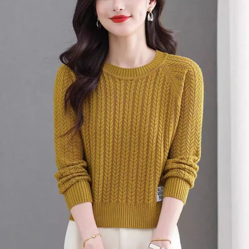 Casual Style Women Autumn Winter Round Neck Cable Knit Sweater Loose Versatile Warm Pullover Daily Inner Outer Wear