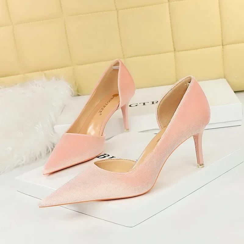 

Fashion simple party women's shoes slim heels high heels shallow mouth pointed side hollowed out west velvet shoes