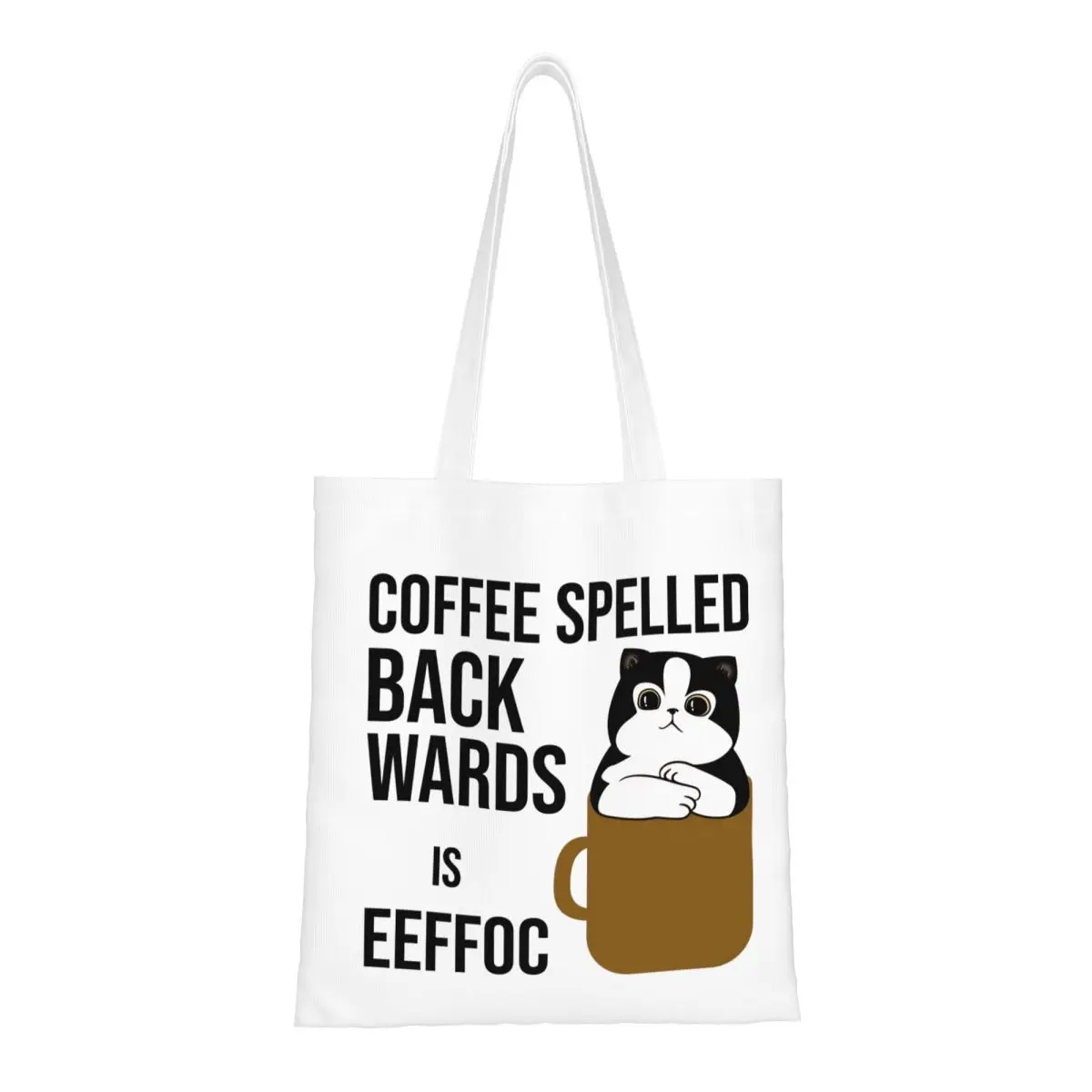 

Coffee Spelled Backwards Is Eeffoc Canvas Tote Handbag Funny Cat Meme Shoulder Bags Large Capacity Shopper Bags for Unisex