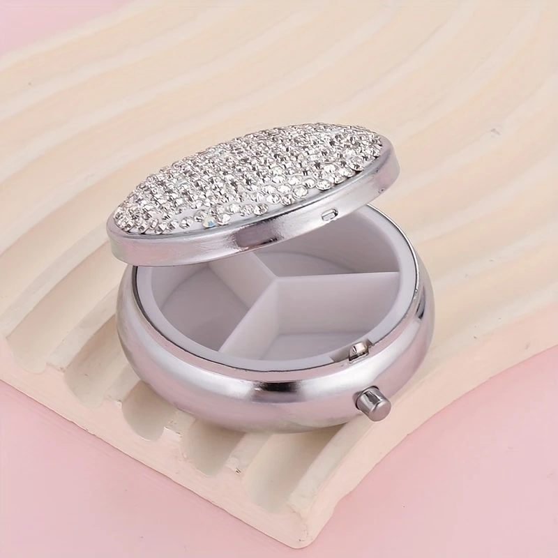1 piece round diamond-studded pill box, travel portable pill box, versatile storage box suitable for vitamins and supplements