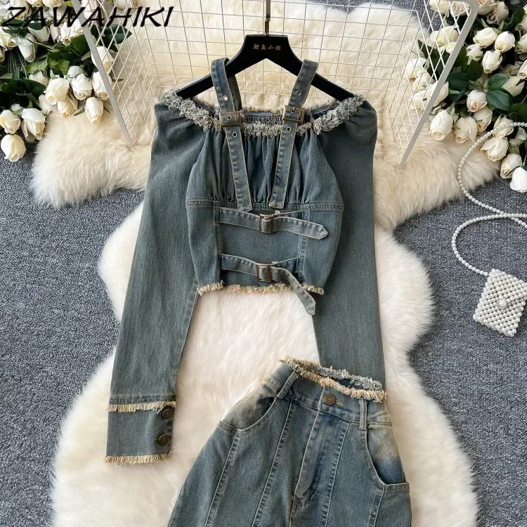 American Retro Two Piece Set Women Patchwork Off Shoulder Strap Denim Top + High Waist All Match Jeans Office Lady Ropa Mujer