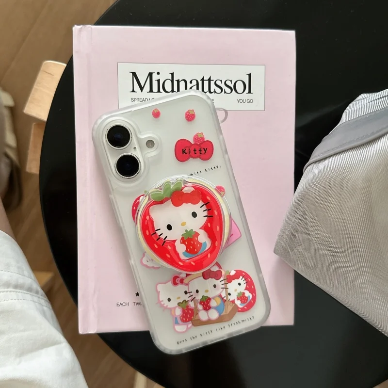Dolce fragola Carino Hello Kitty Bow KT Magsafe Custodia per telefono con ricarica wireless per iPhone 13 14 15 16 Pro Max Kitty Supporto magnetico